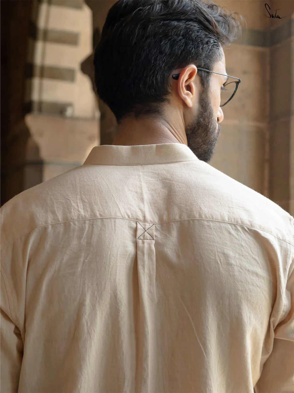 Beige Handloom Cotton Full Sleeve Shirt with Mandarin Collar