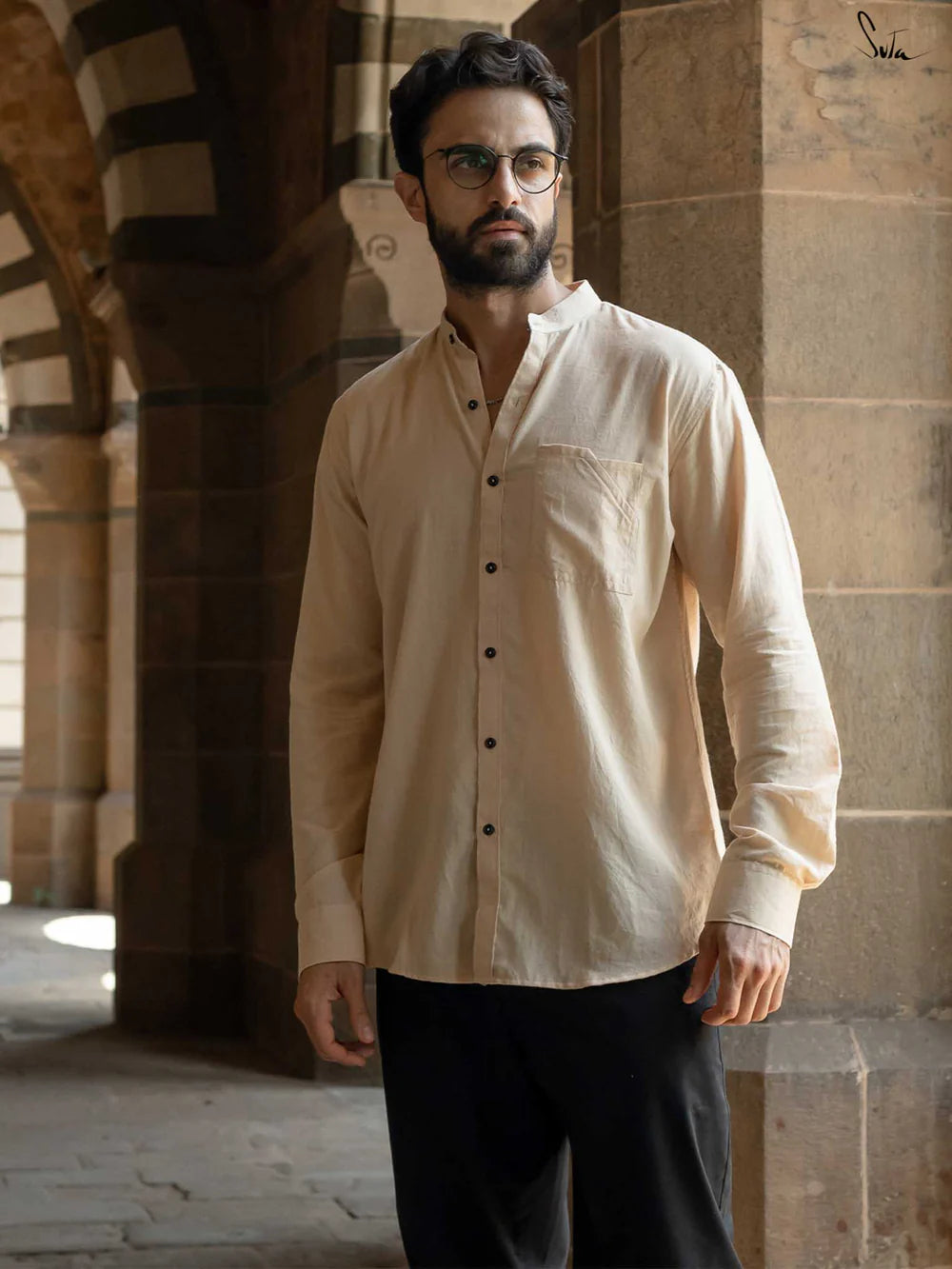 Beige Handloom Cotton Full Sleeve Shirt with Mandarin Collar