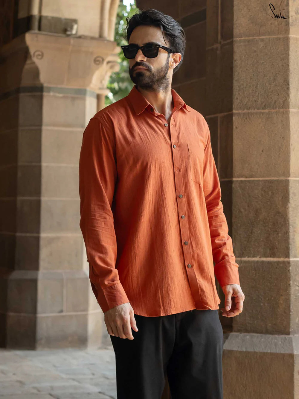 Rust Colour Handloom Cotton Full Sleeve Shirt with Pocket