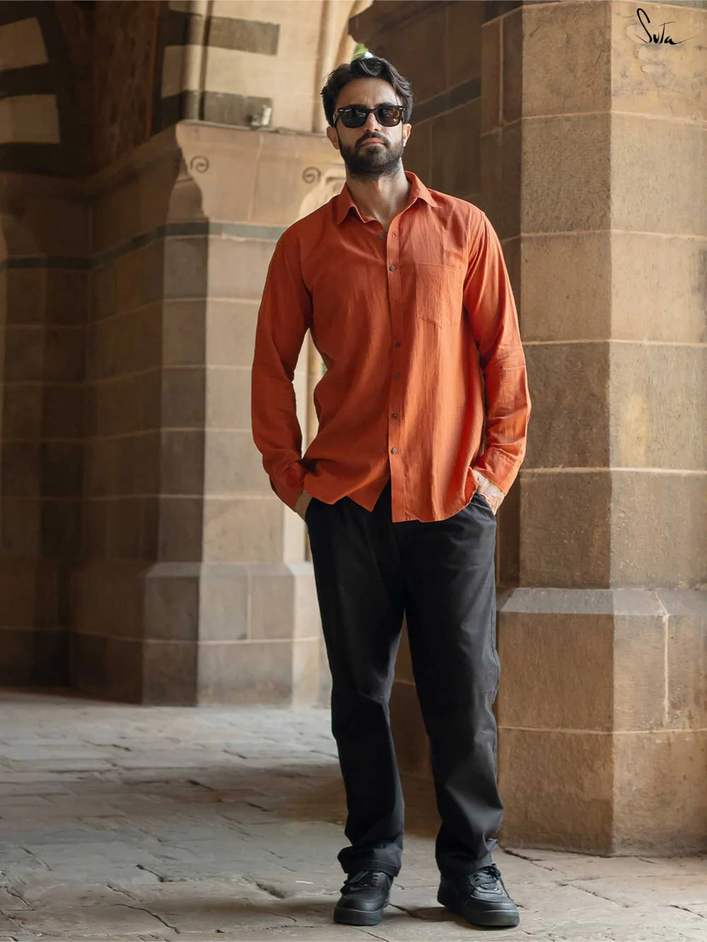 Rust Colour Handloom Cotton Full Sleeve Shirt with Pocket