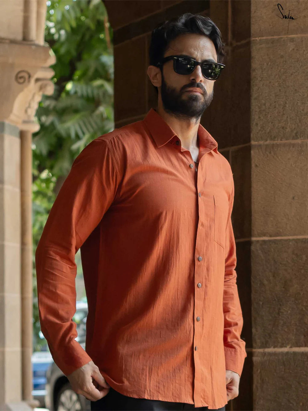 Rust Colour Handloom Cotton Full Sleeve Shirt with Pocket