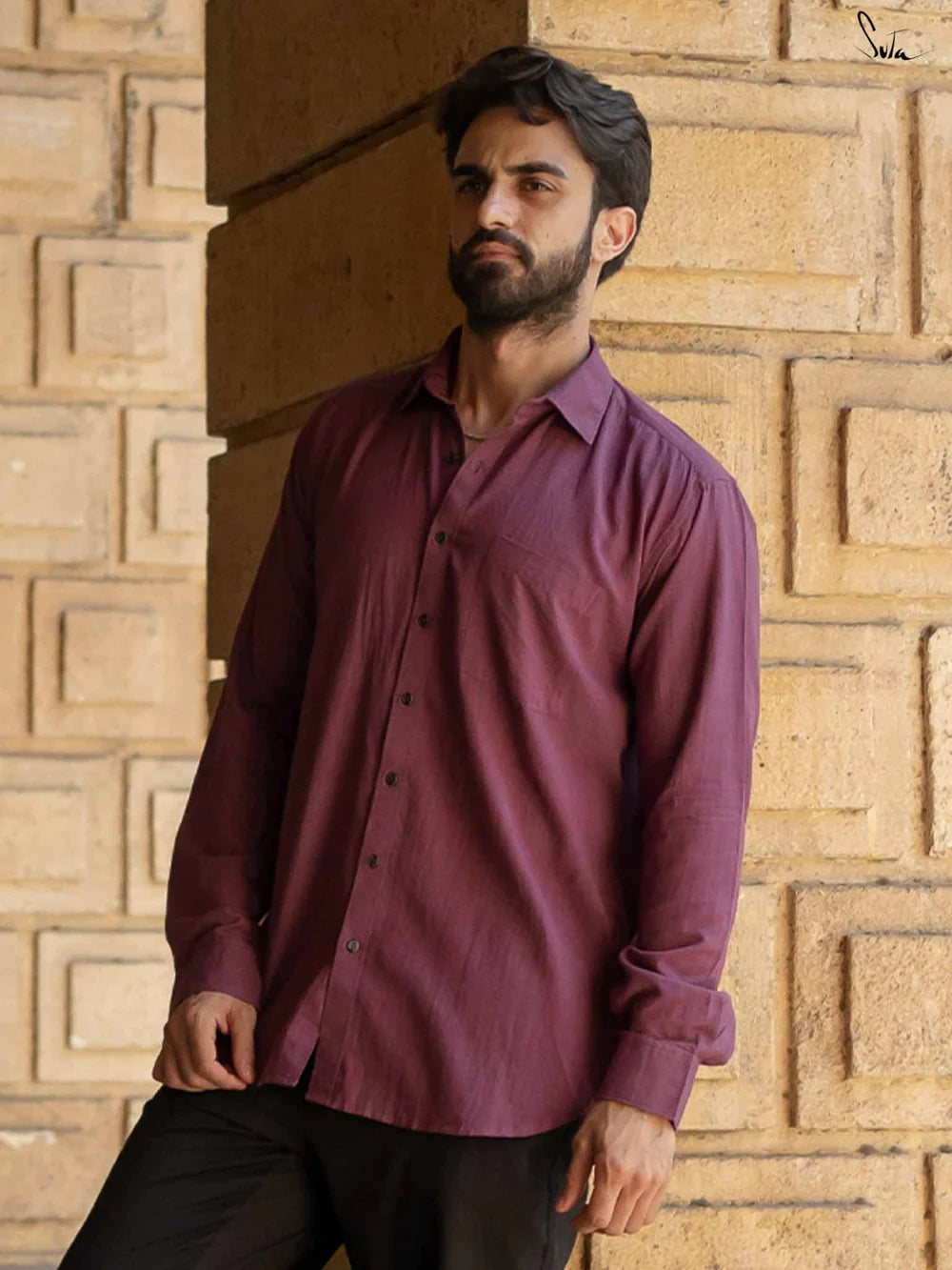 Wine Colour Handloom Cotton Full Sleeve Shirt with Pocket