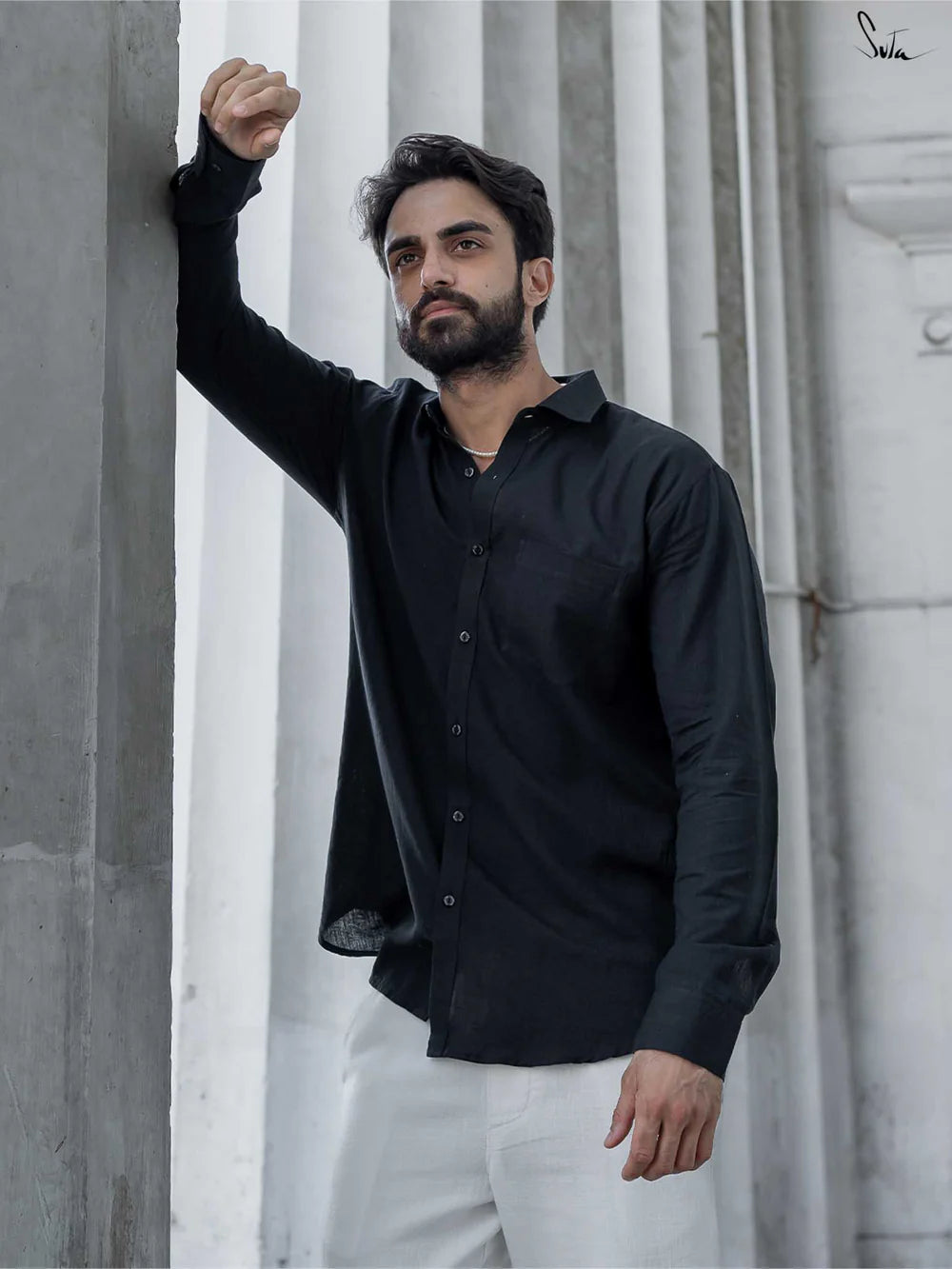 Black Handloom Cotton Full Sleeve Classic Shirt with Pocket