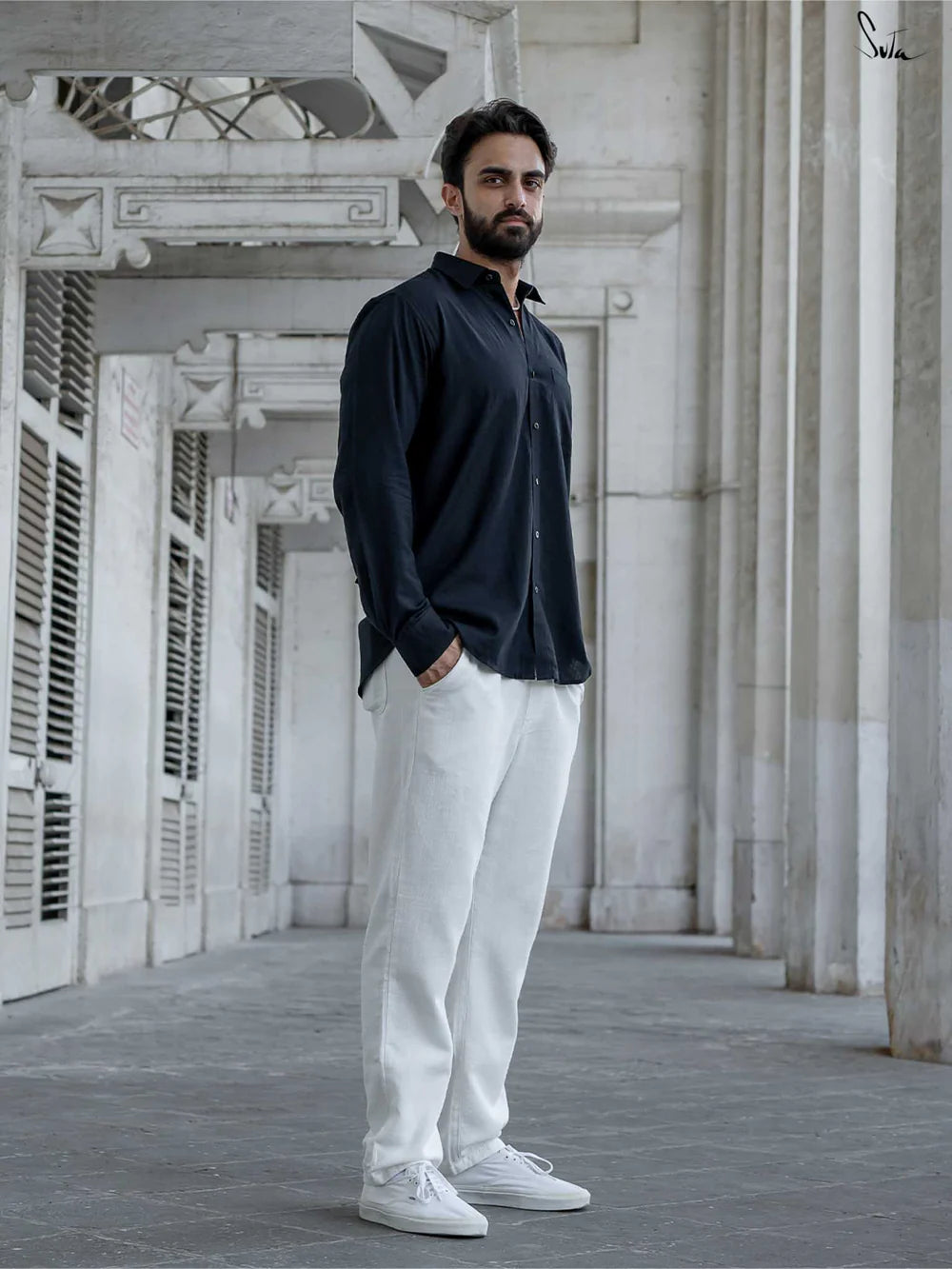 Black Handloom Cotton Full Sleeve Classic Shirt with Pocket