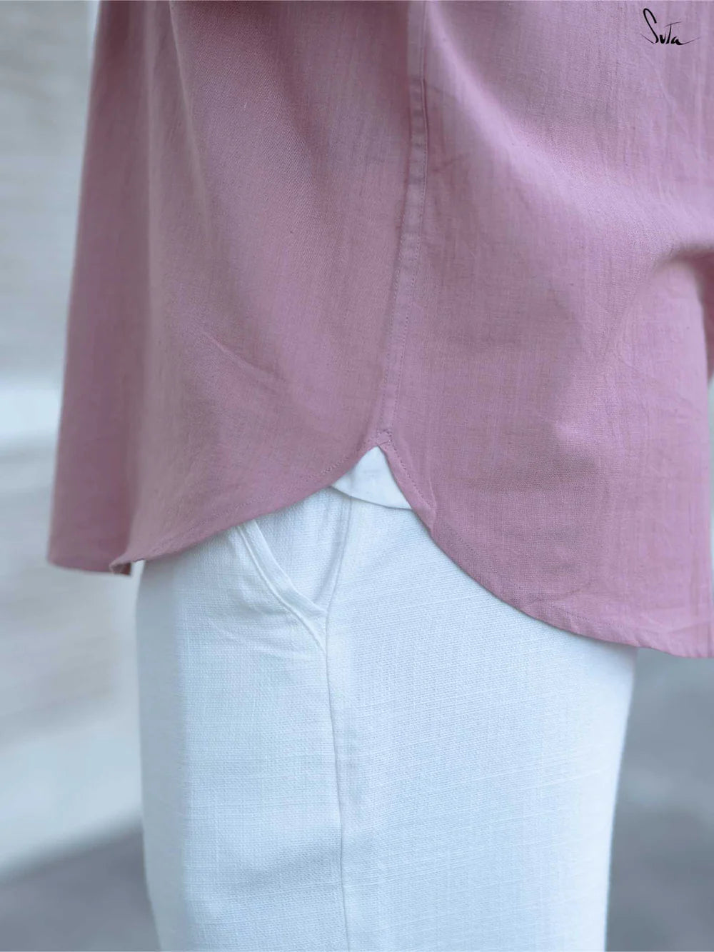 Pink Handloom Cotton Full Sleeve Shirt with Mandarin Collar