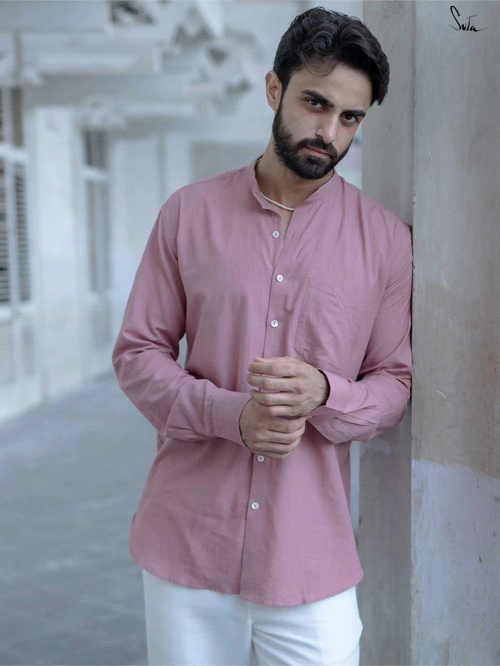 Pink Handloom Cotton Full Sleeve Shirt with Mandarin Collar