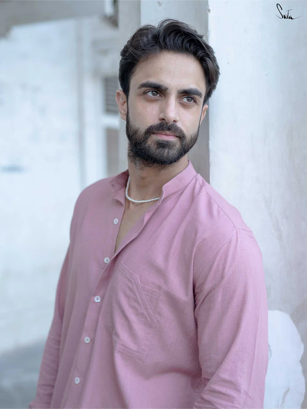 Pink Handloom Cotton Full Sleeve Shirt with Mandarin Collar