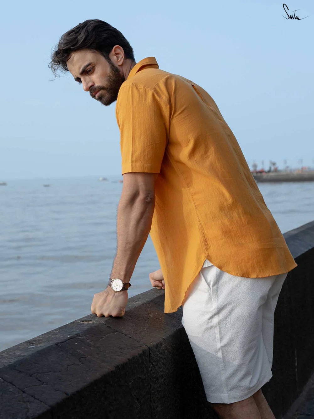 Mustard Yellow Handloom Cotton Short Sleeve Shirt with Pocket