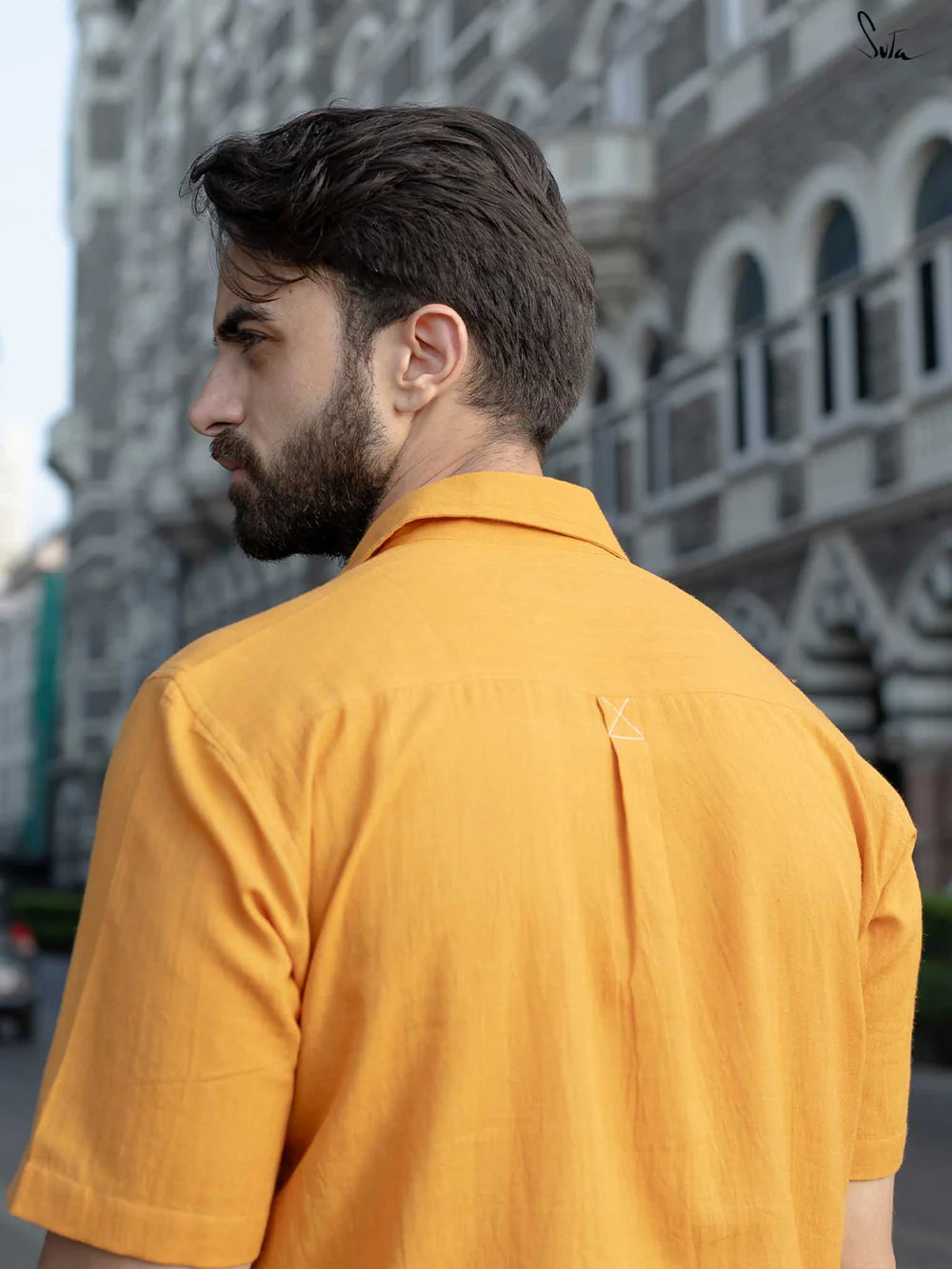 Mustard Yellow Handloom Cotton Short Sleeve Shirt with Pocket