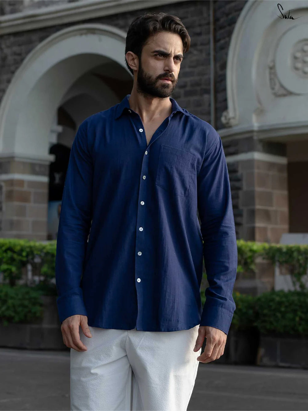 Navy Blue Handloom Cotton Full Sleeve Shirt with Pocket