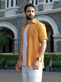 Mustard Yellow Handloom Cotton Short Sleeve Shirt with Pocket