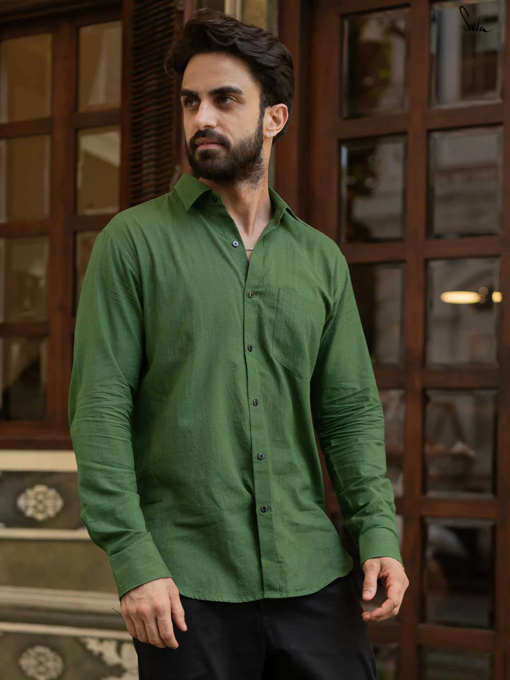 Green Handloom Cotton Full Sleeve Classic Shirt with Pocket