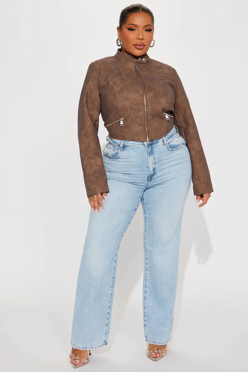 A Desert Babe Washed Faux Leather Moto - Brown