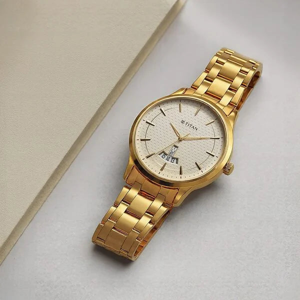 Titan Karishma Quartz Analog Champagne Dial Stainless Steel Strap Watch for Men
