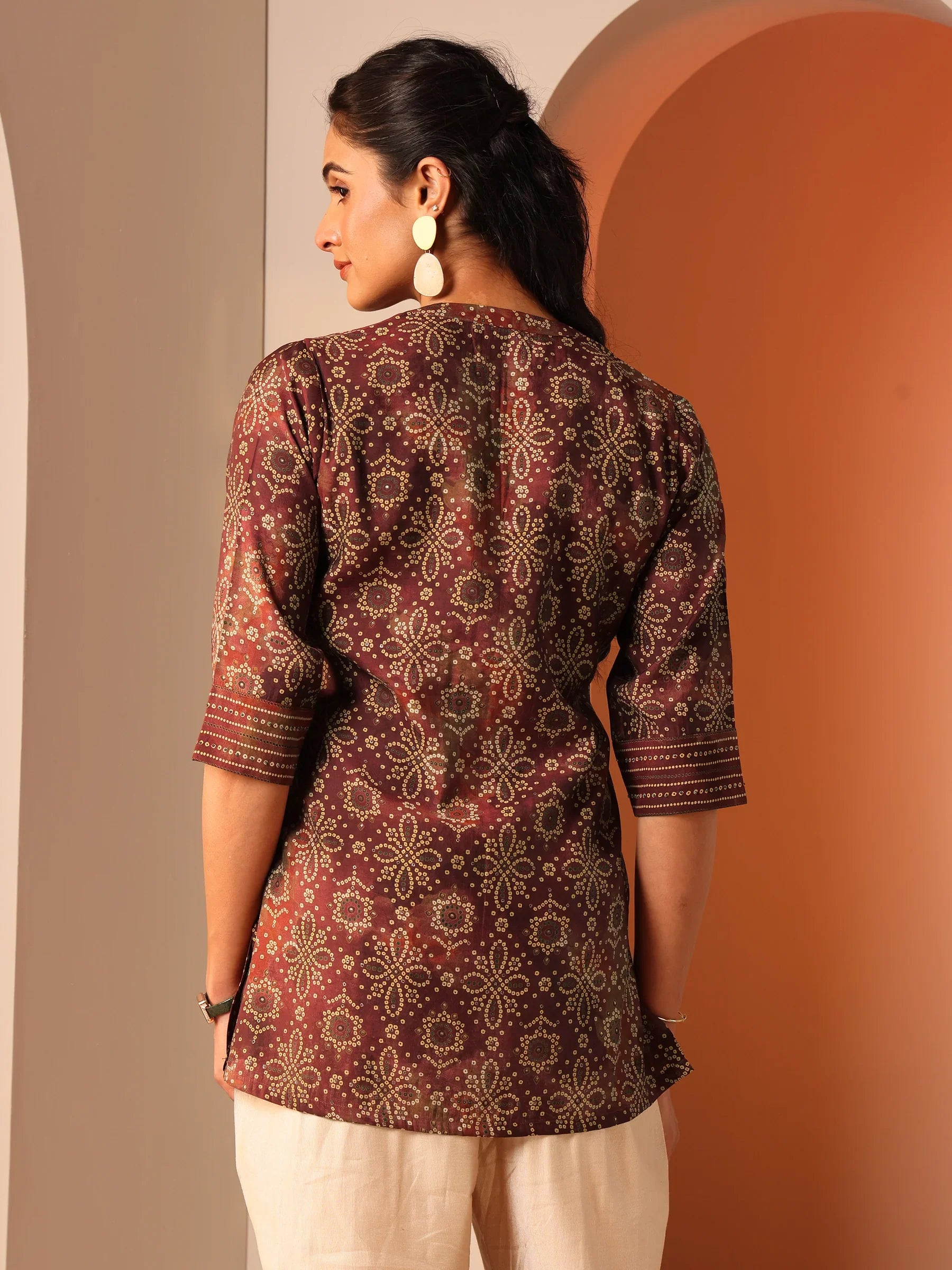 Maroon Printed Silk Blend Straight Short Kurti