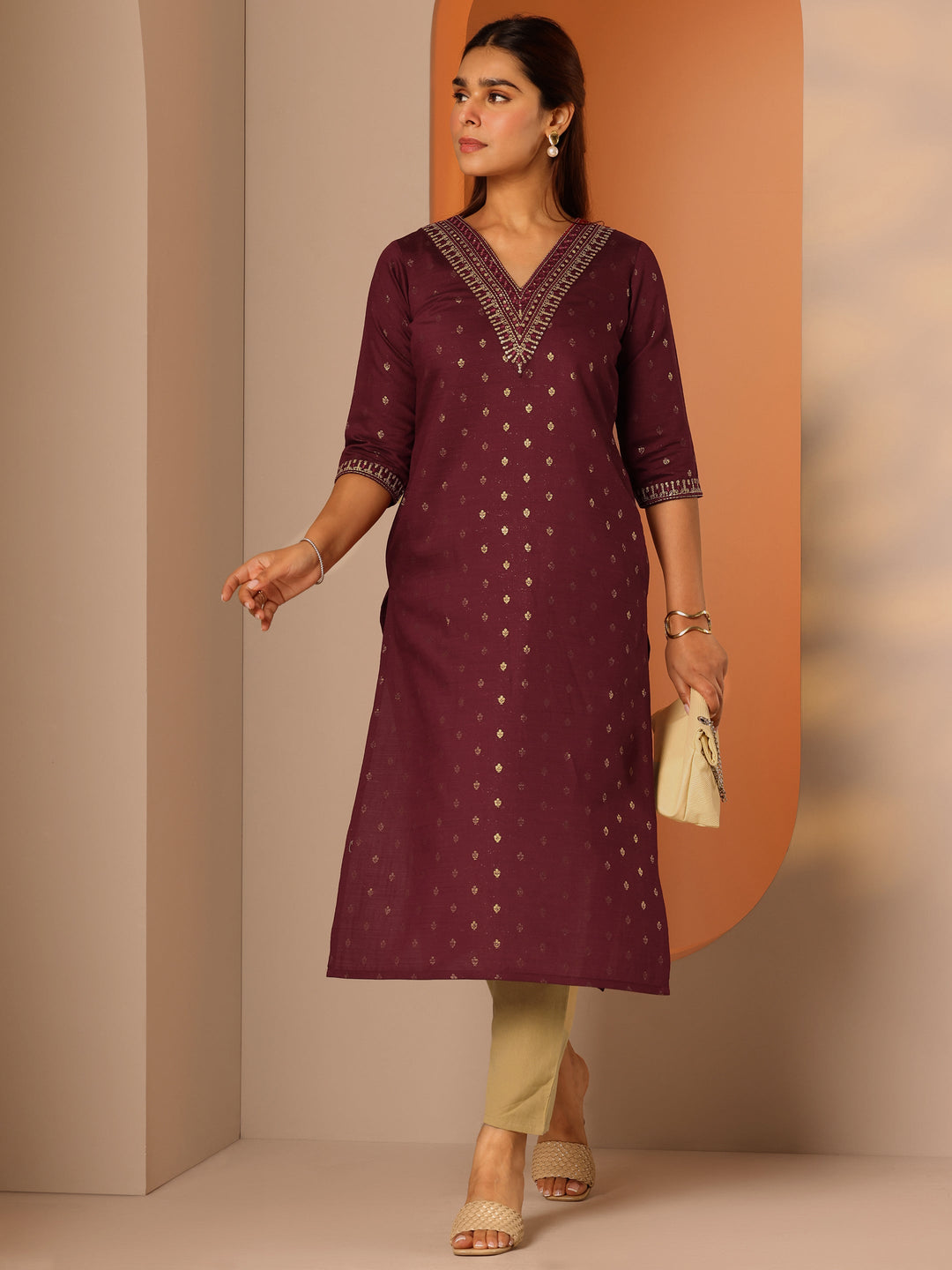 Maroon Printed Silk Blend Straight Kurta