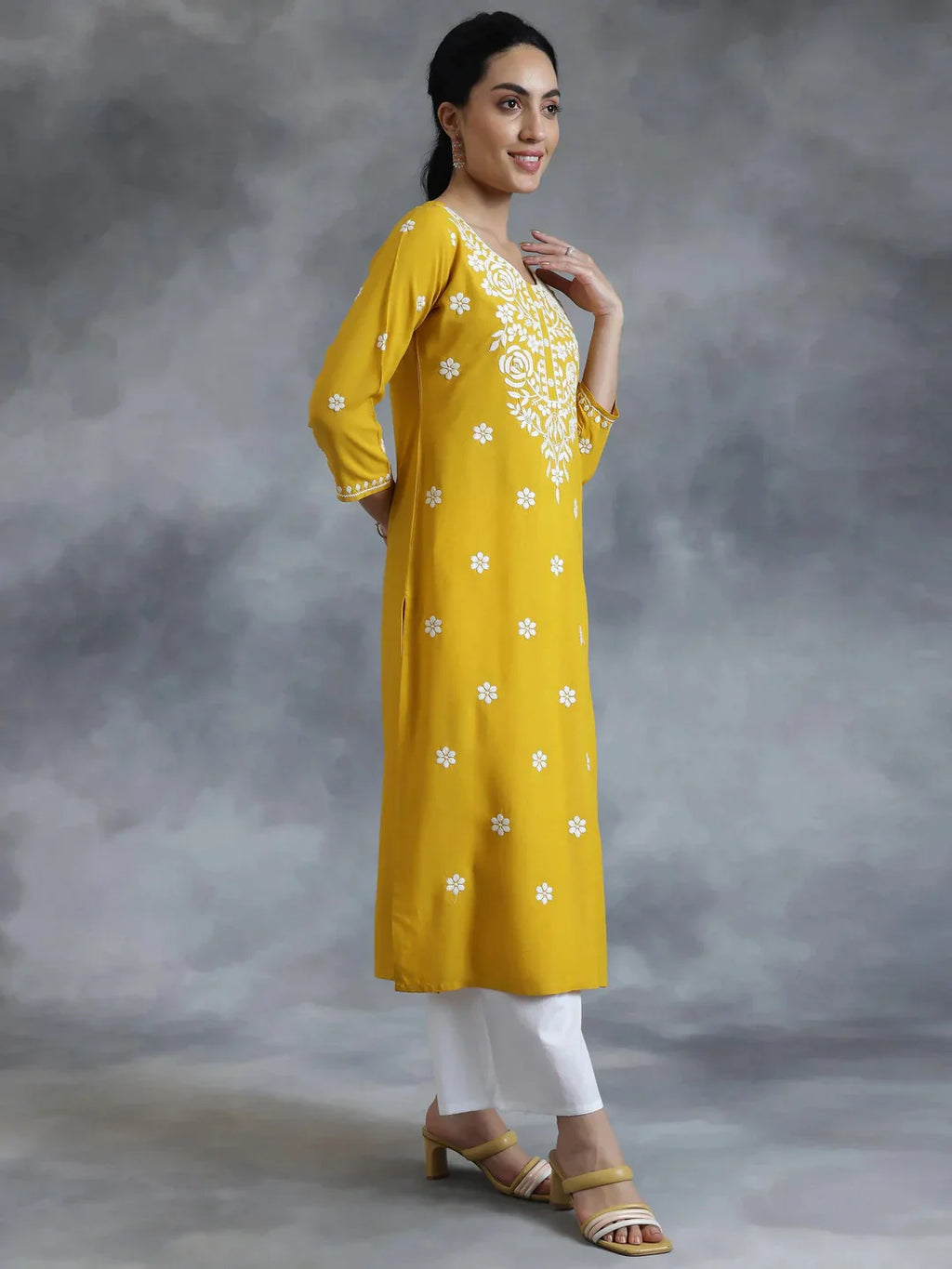 Mustard Embroidered Rayon Straight Kurta