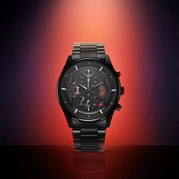 Fastrack Opulence Sun Moon Chronograph Black Dial Black Metal Strap Analog Quartz Watch For Guys