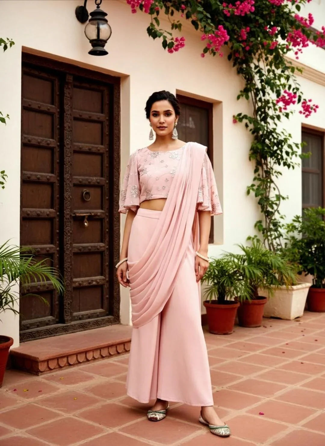 Pink Embellished Georgette Ready to Wear Saree