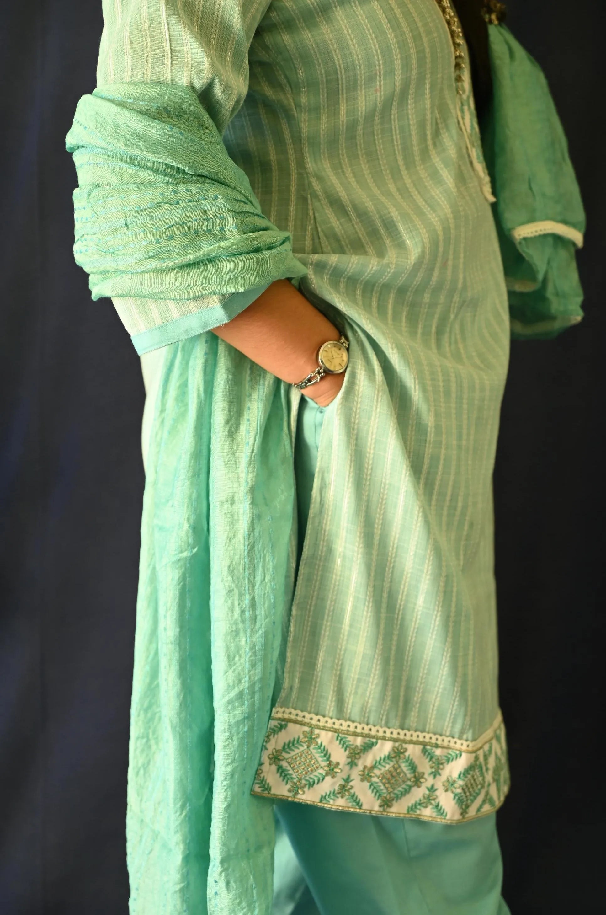 Light Green Cotton Suit , Pant With Pocket And Dupatta