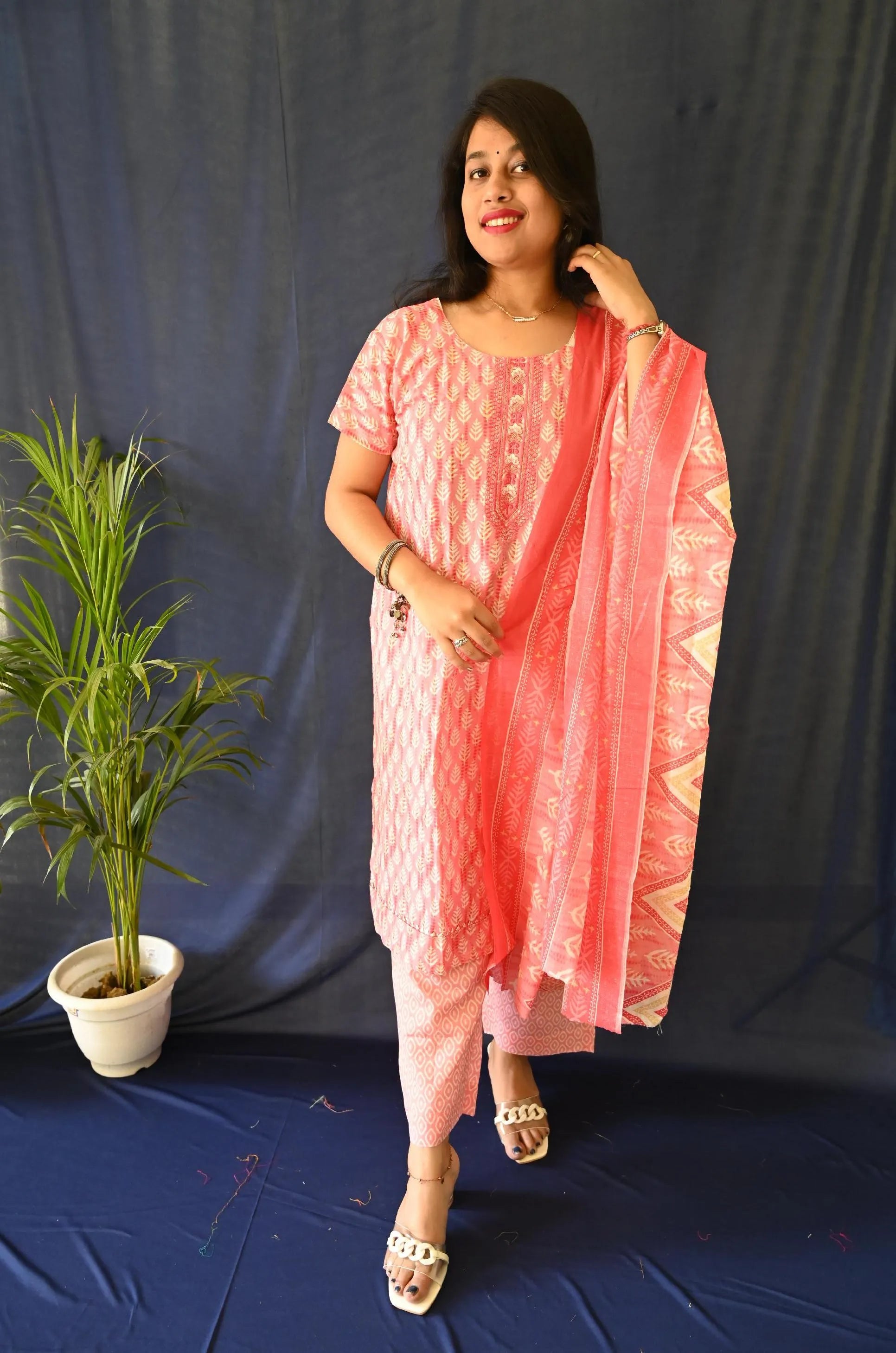 Pink Cotton suit , Pant (Pocket) with dupatta