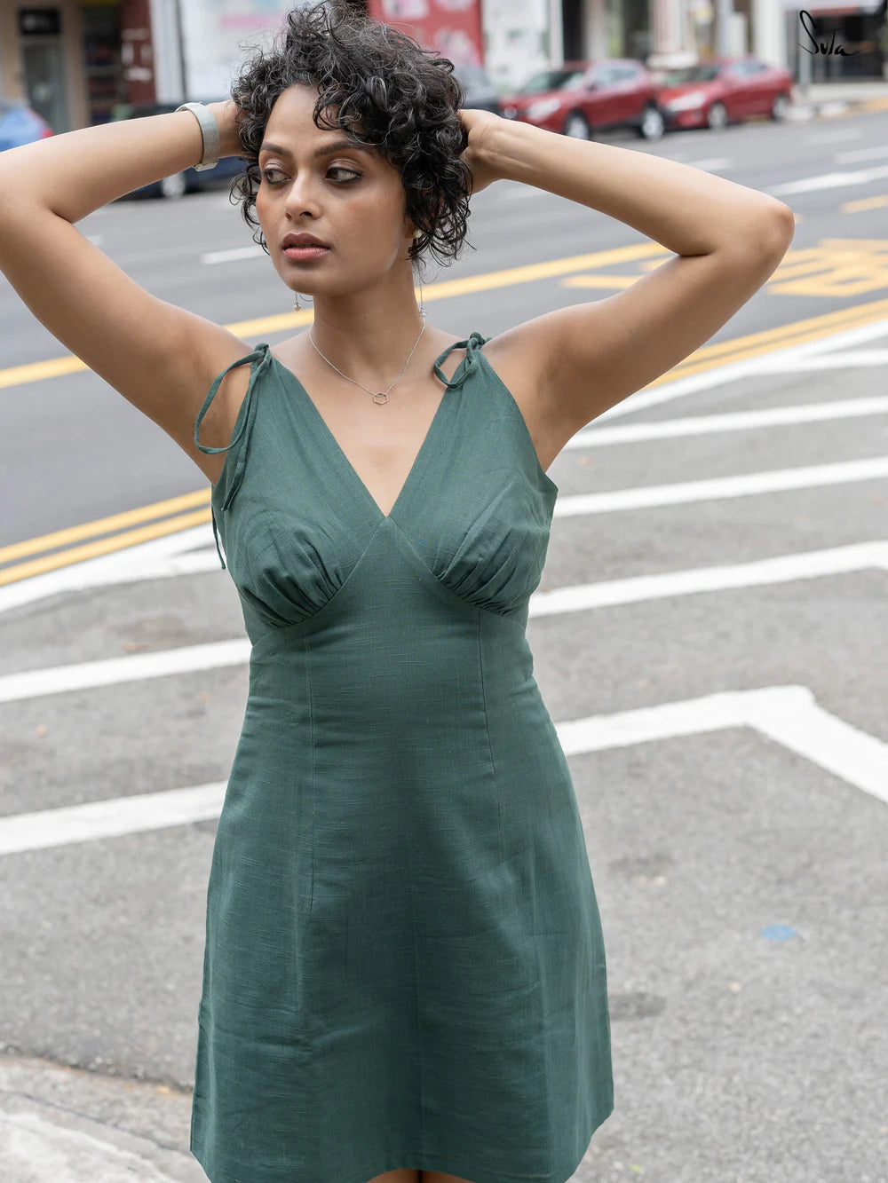 Green Cotton One Piece Sleeveless Dress with Shoulder Knots
