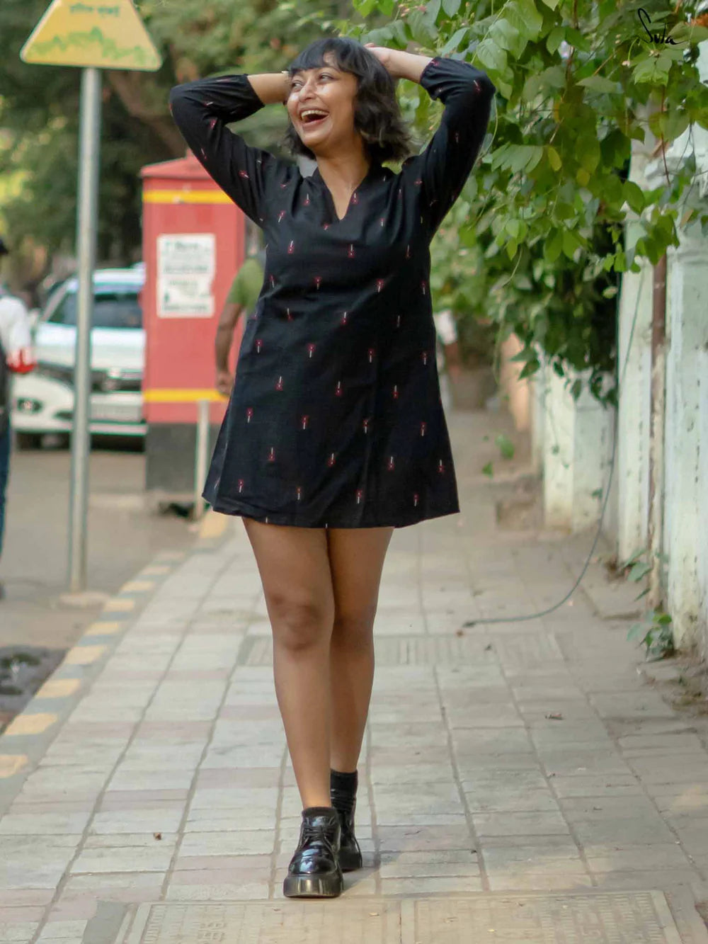 Black Cotton Full Sleeve Short Dress with V Neckline