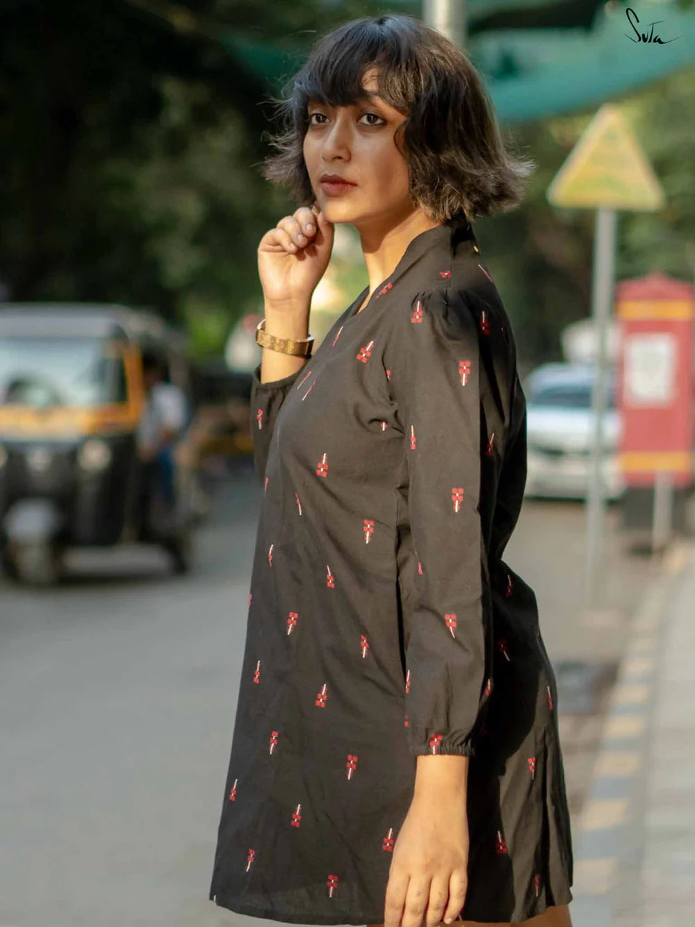 Black Cotton Full Sleeve Short Dress with V Neckline