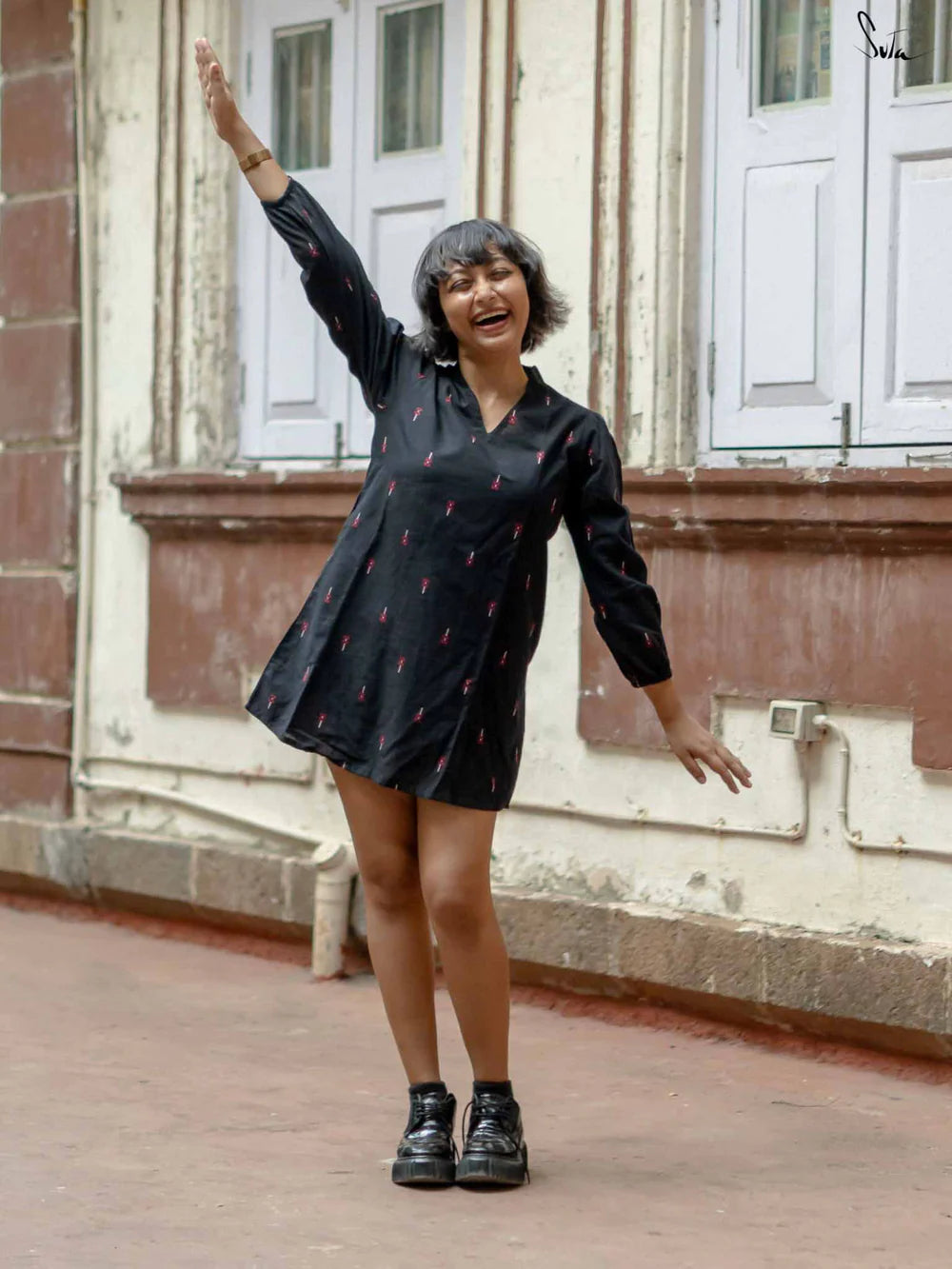 Black Cotton Full Sleeve Short Dress with V Neckline