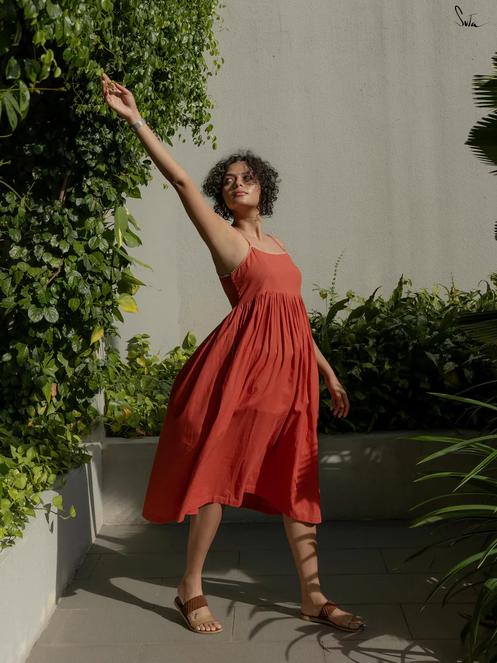 Rust Red Cotton A-Line Knee Length Dress with Pockets & Spaghetti Straps