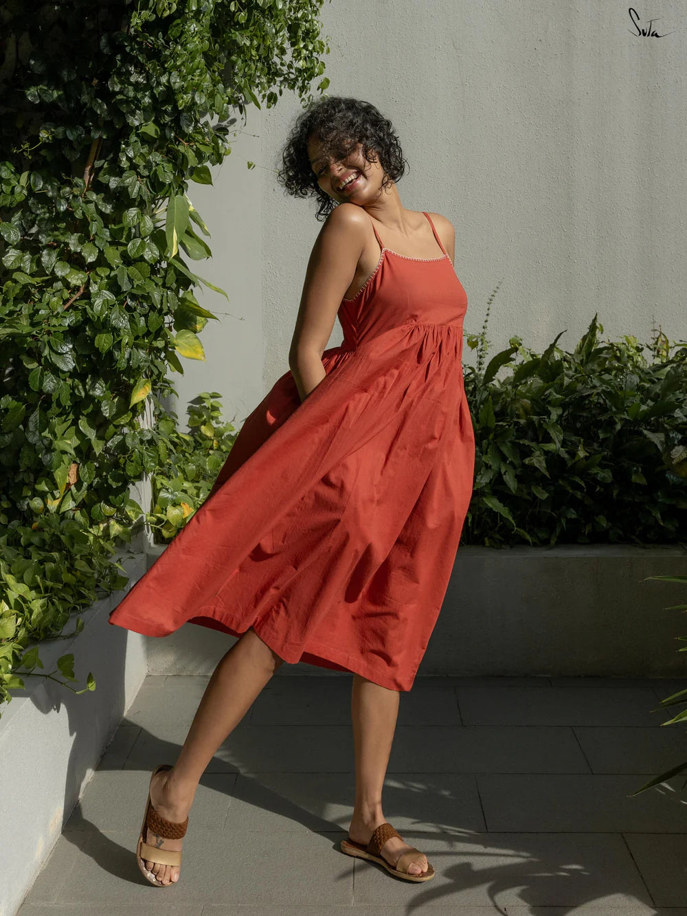 Rust Red Cotton A-Line Knee Length Dress with Pockets & Spaghetti Straps
