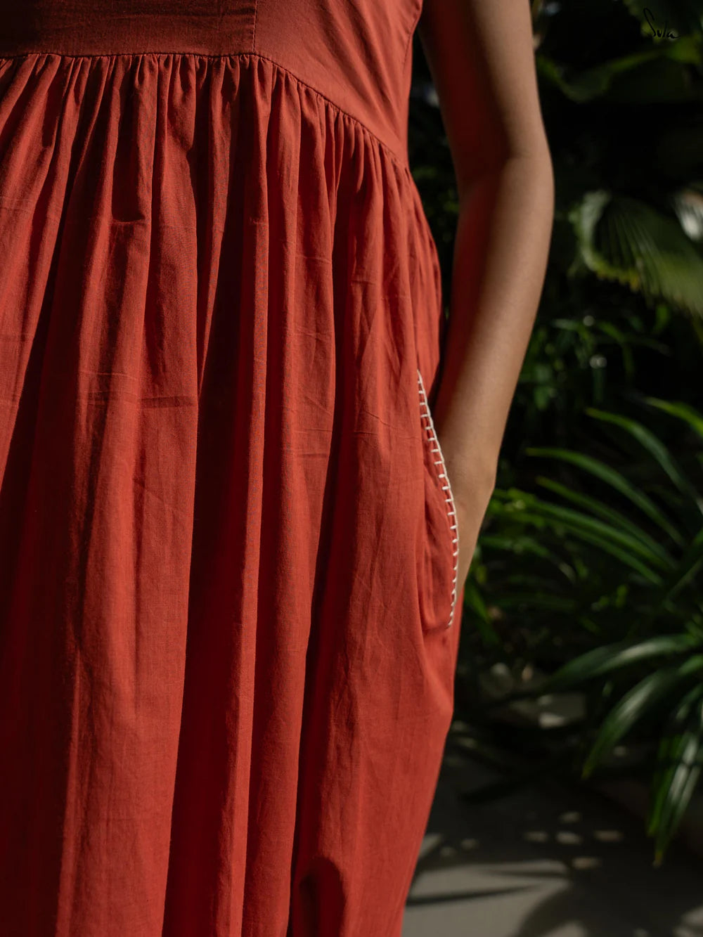 Rust Red Cotton A-Line Knee Length Dress with Pockets & Spaghetti Straps