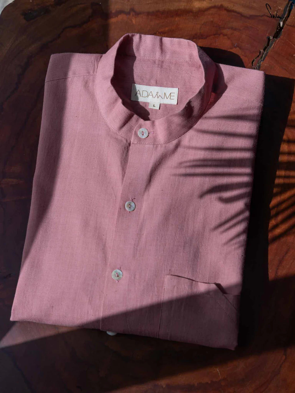 Pink Handloom Cotton Full Sleeve Shirt with Mandarin Collar