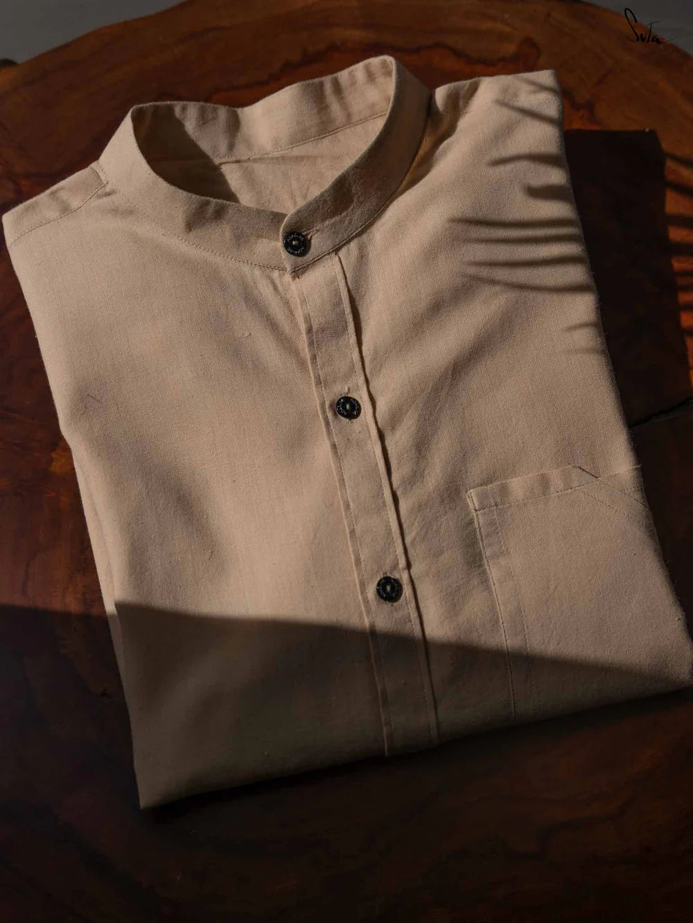 Beige Handloom Cotton Full Sleeve Shirt with Mandarin Collar