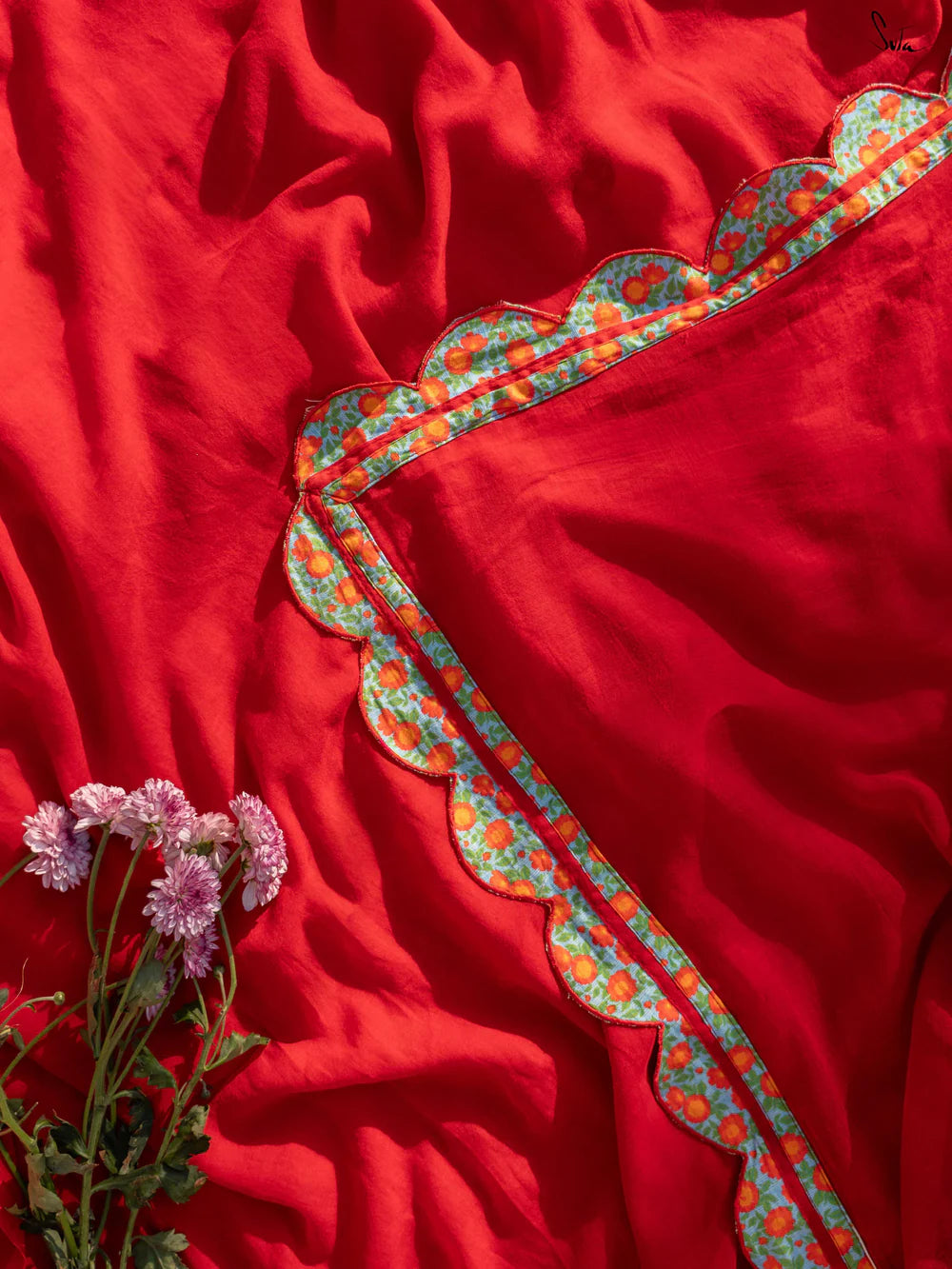 Pure Mul Mul Cotton Maroon Saree with Multicolour Floral Printed Scallop Border