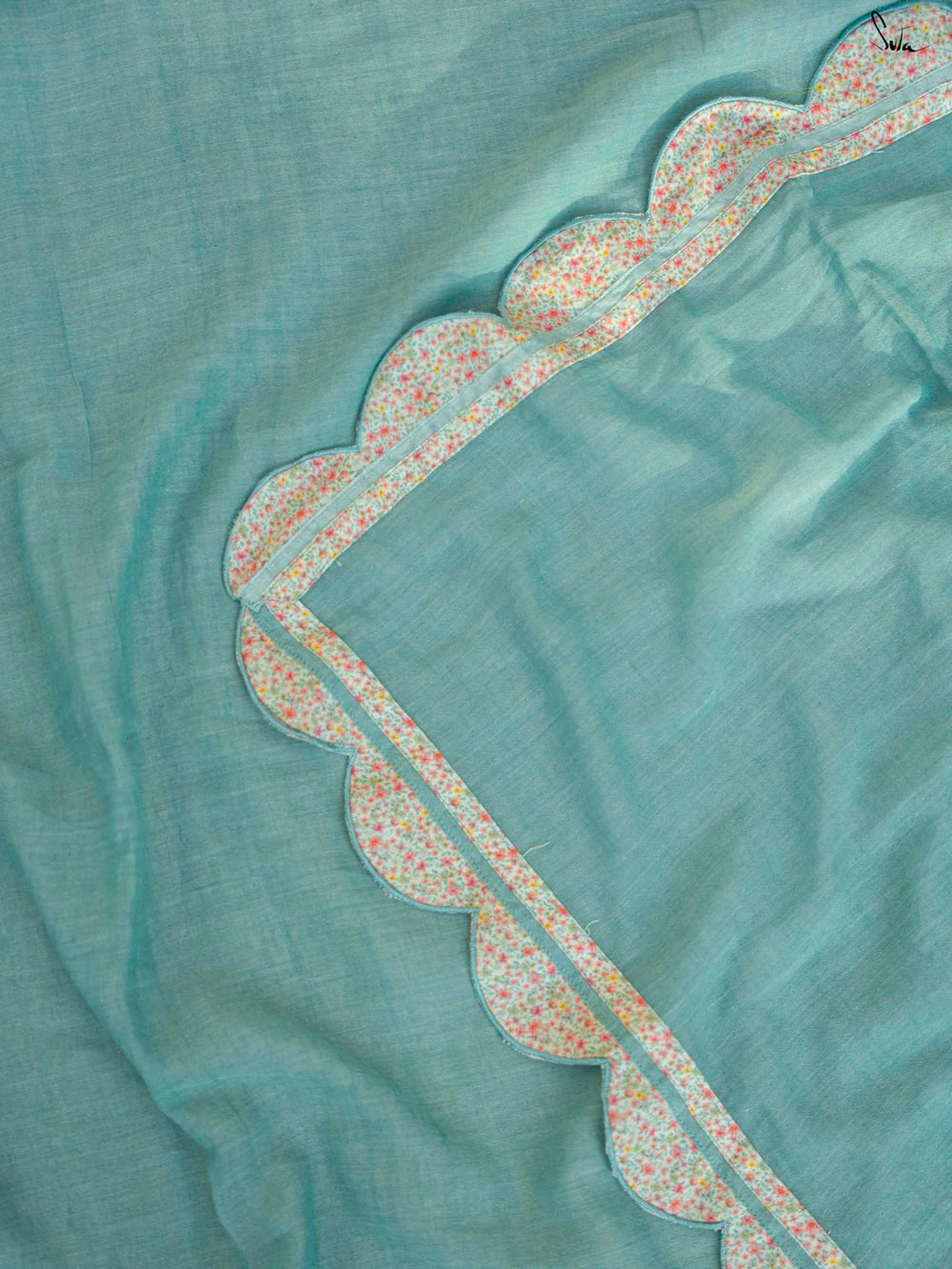 Turquoise Cotton Woven Saree with Multicolour Floral Printed Scallop Border