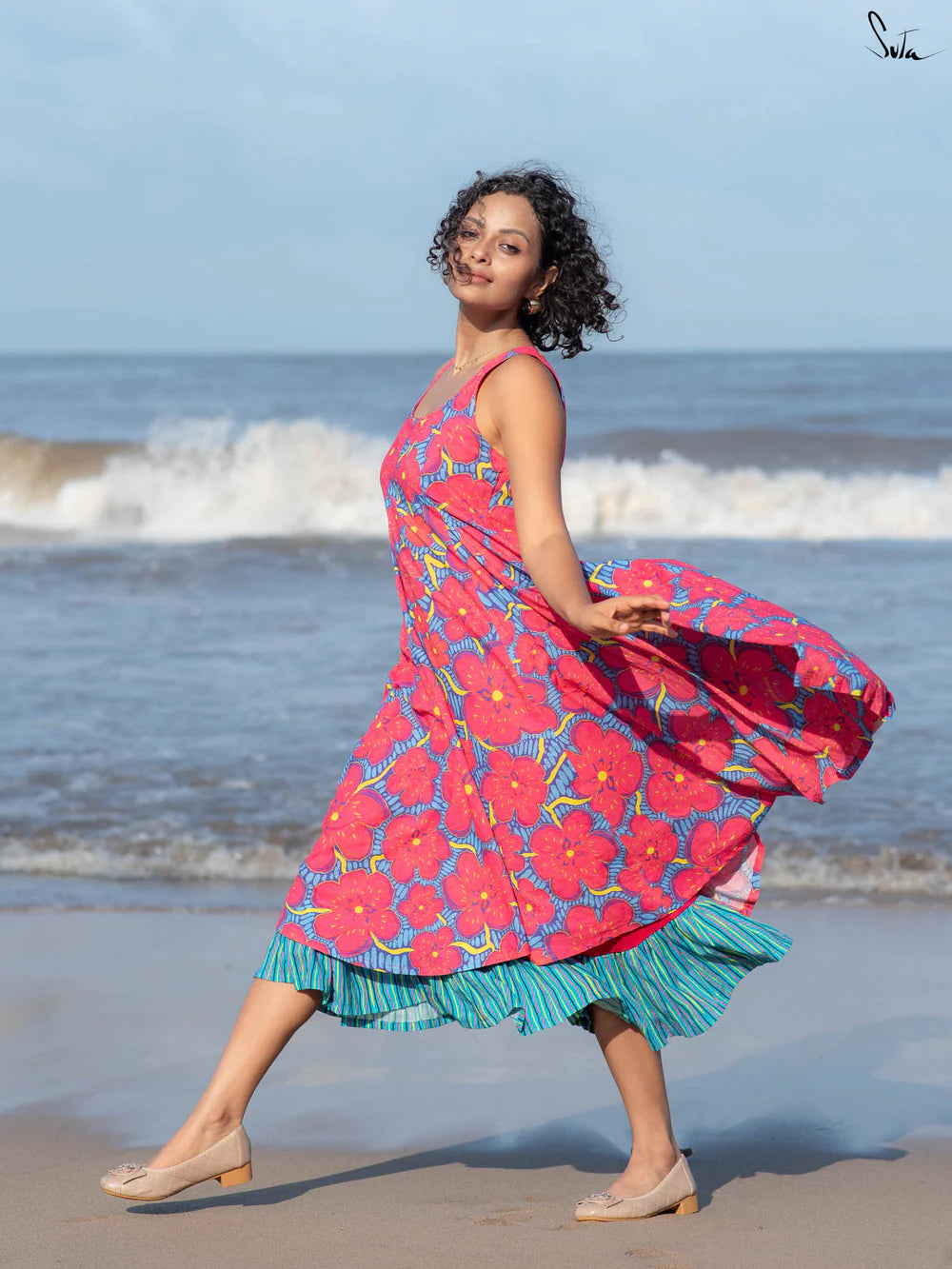 Sleeveless Cotton Dress with Striped Motifs