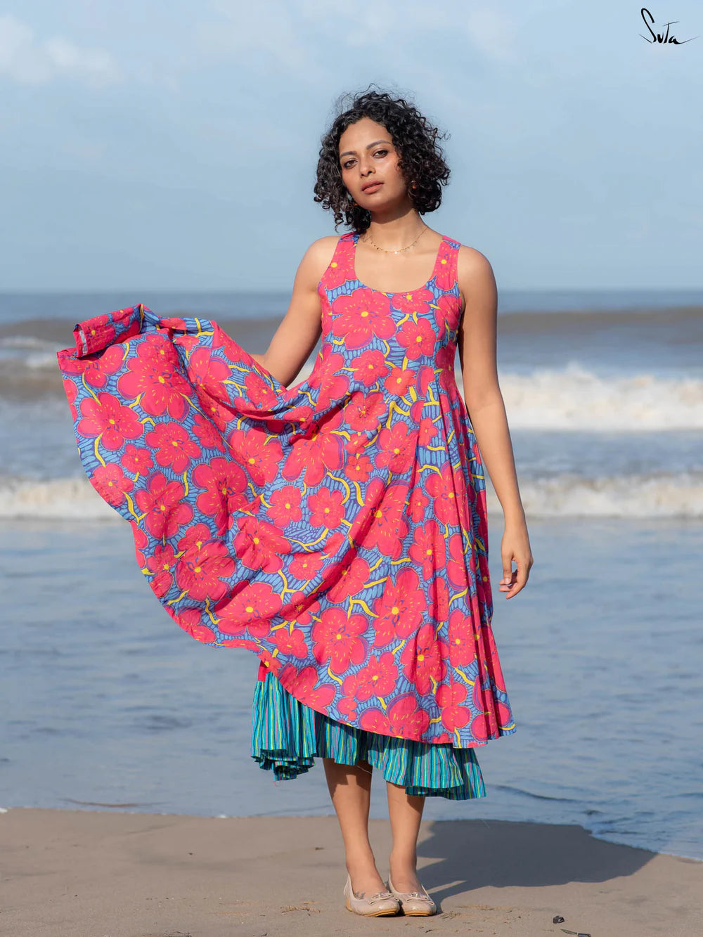 Sleeveless Cotton Dress with Striped Motifs