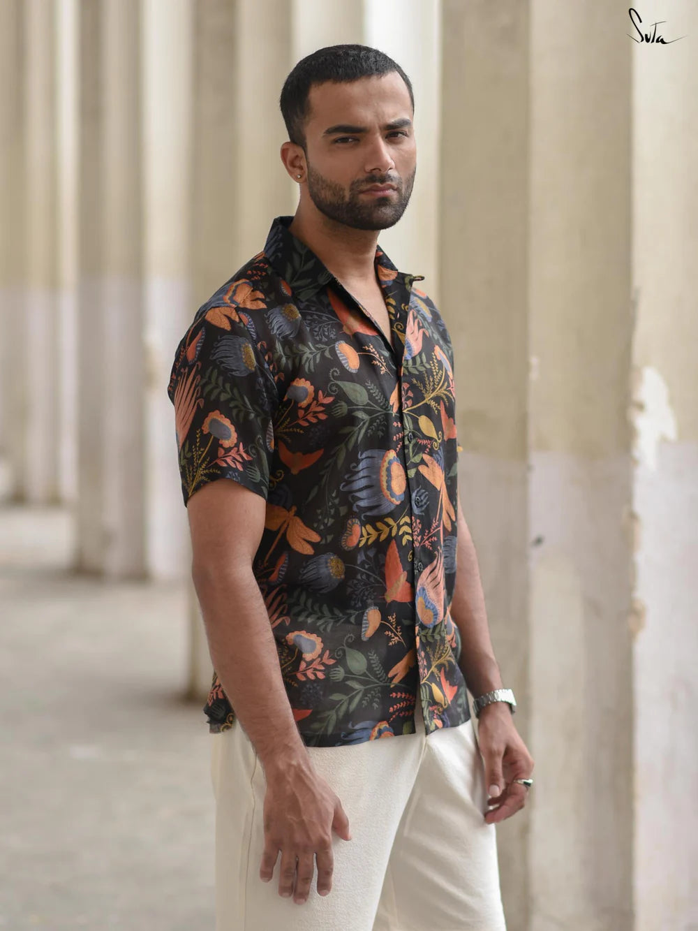 Black Cotton Multicolour Floral Printed Shirt
