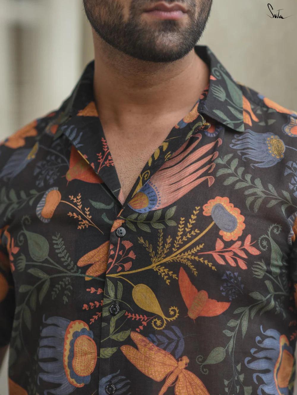 Black Cotton Multicolour Floral Printed Shirt