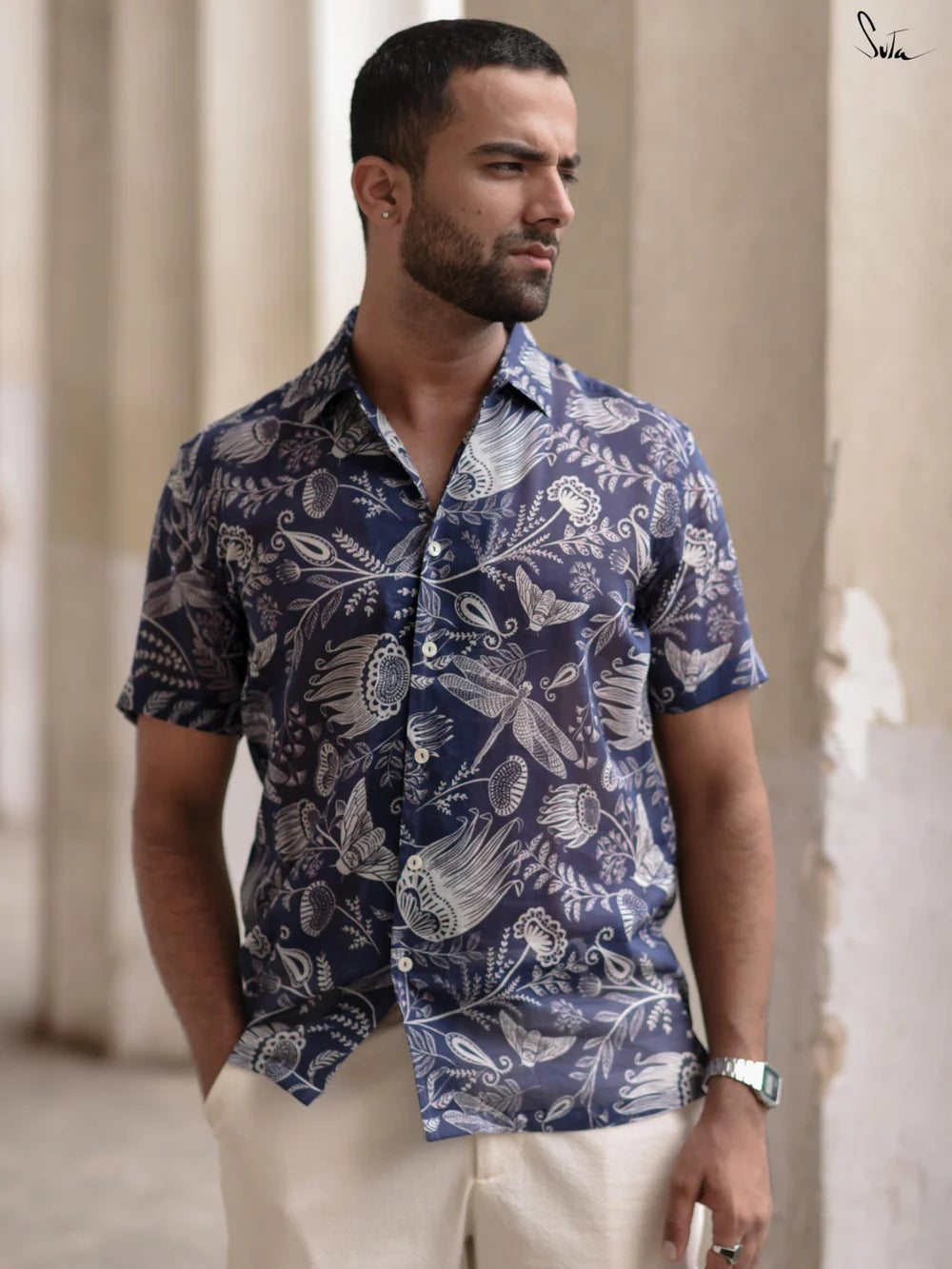 Blue Cotton Shirt with Floral Print