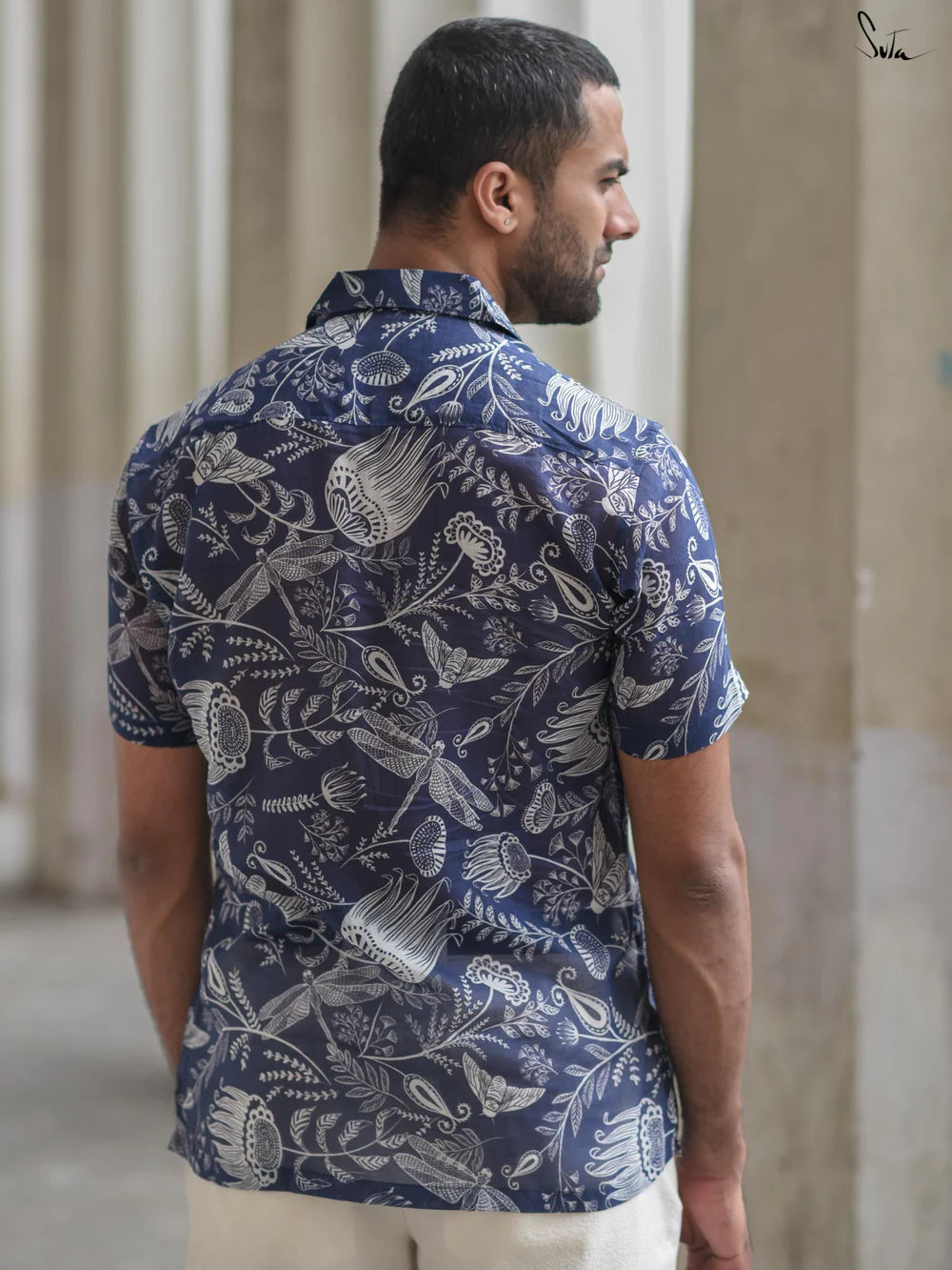 Blue Cotton Shirt with Floral Print