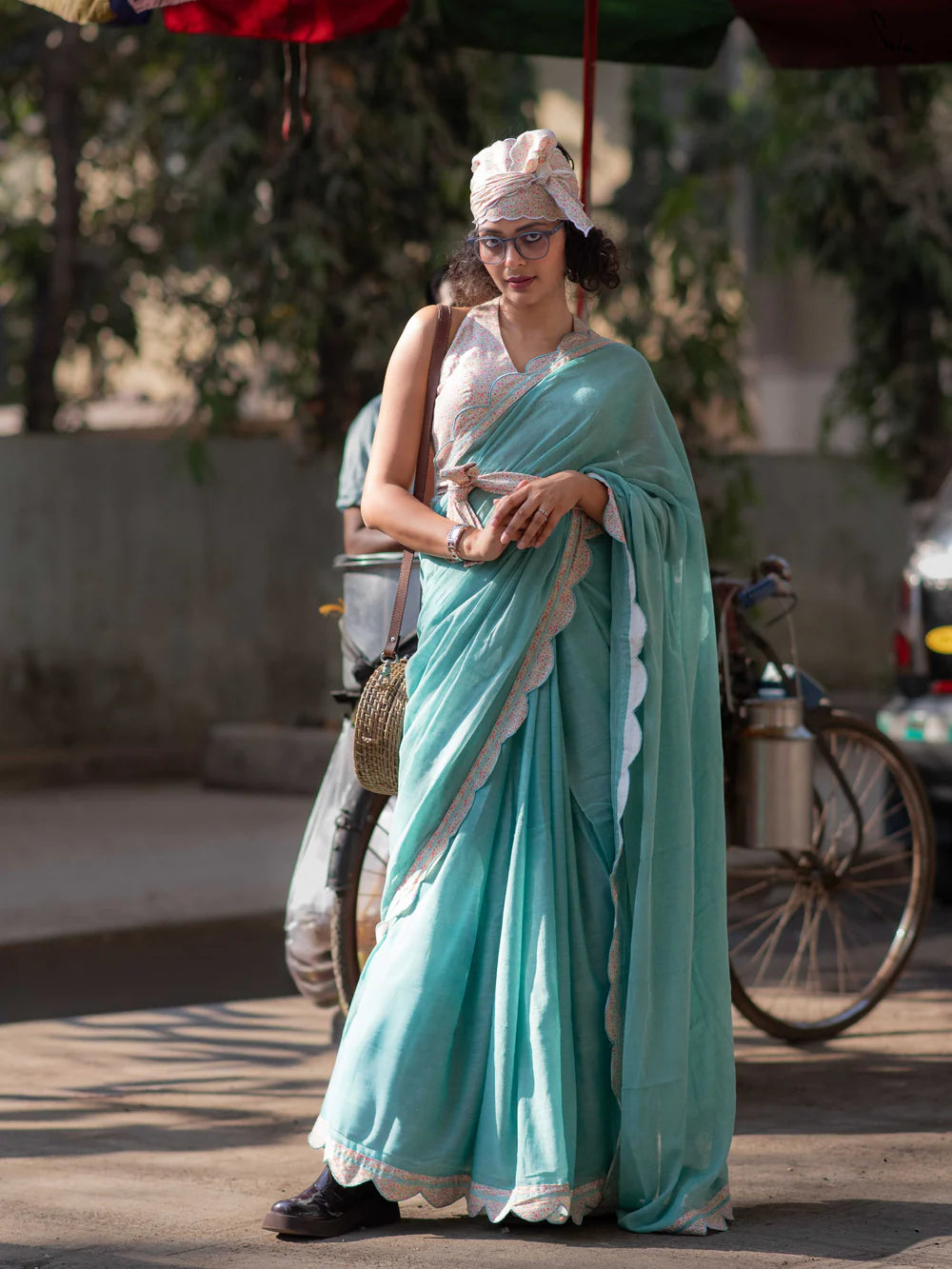 Turquoise Cotton Woven Saree with Multicolour Floral Printed Scallop Border