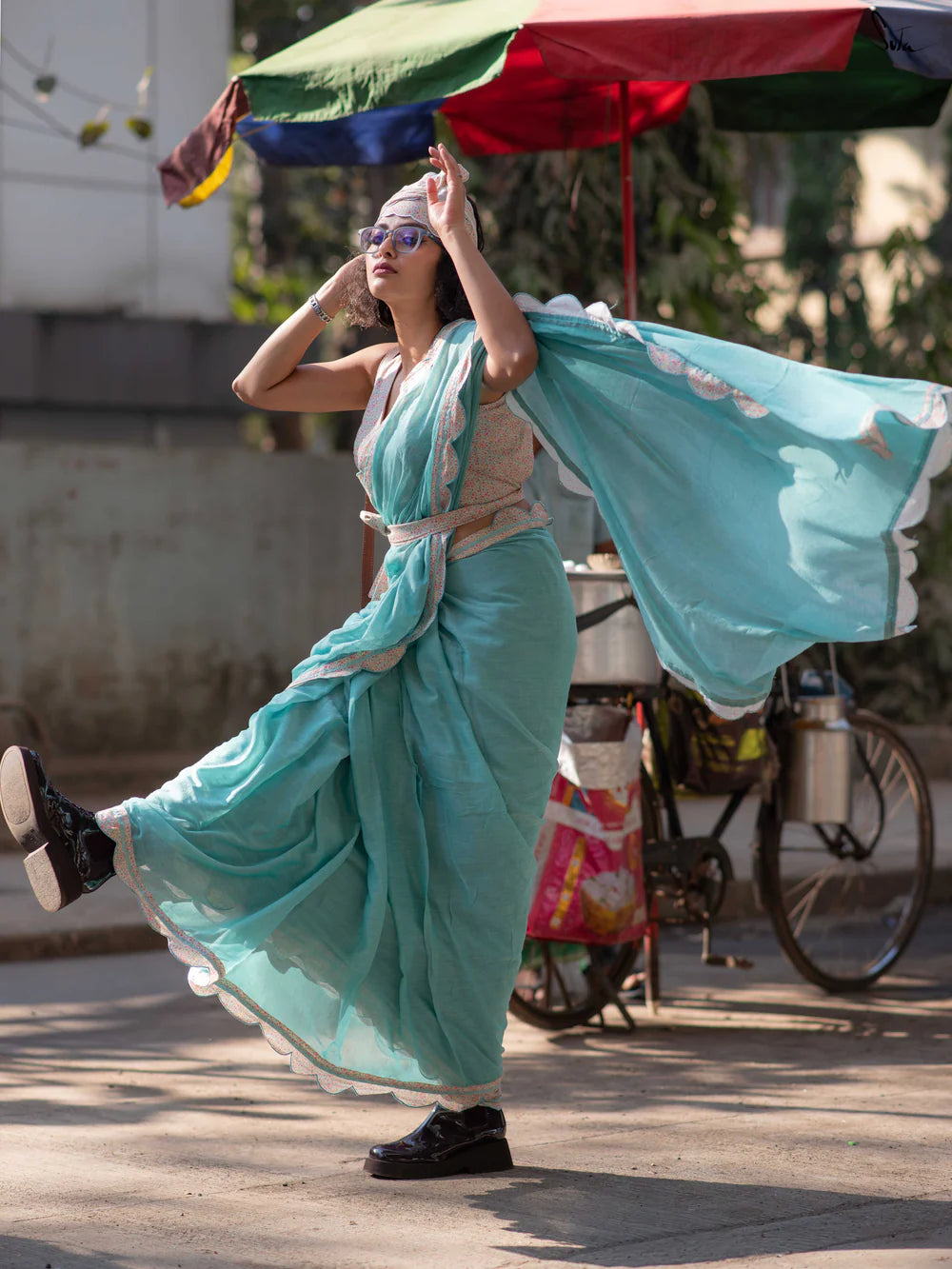 Turquoise Cotton Woven Saree with Multicolour Floral Printed Scallop Border