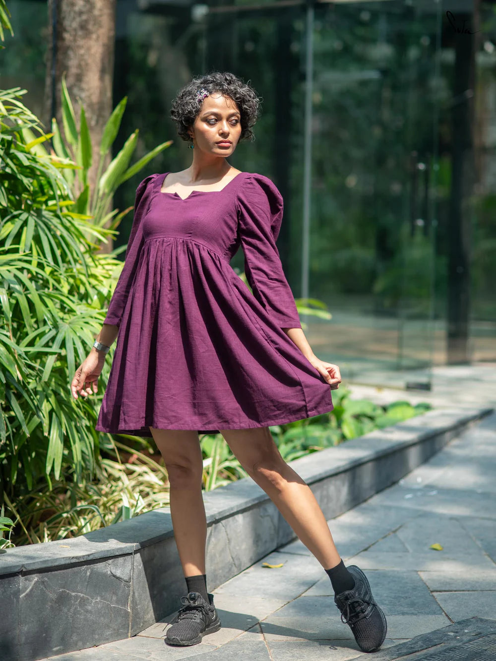 Wine Colour Slub Cotton Full Sleeve Short Dress with Pockets
