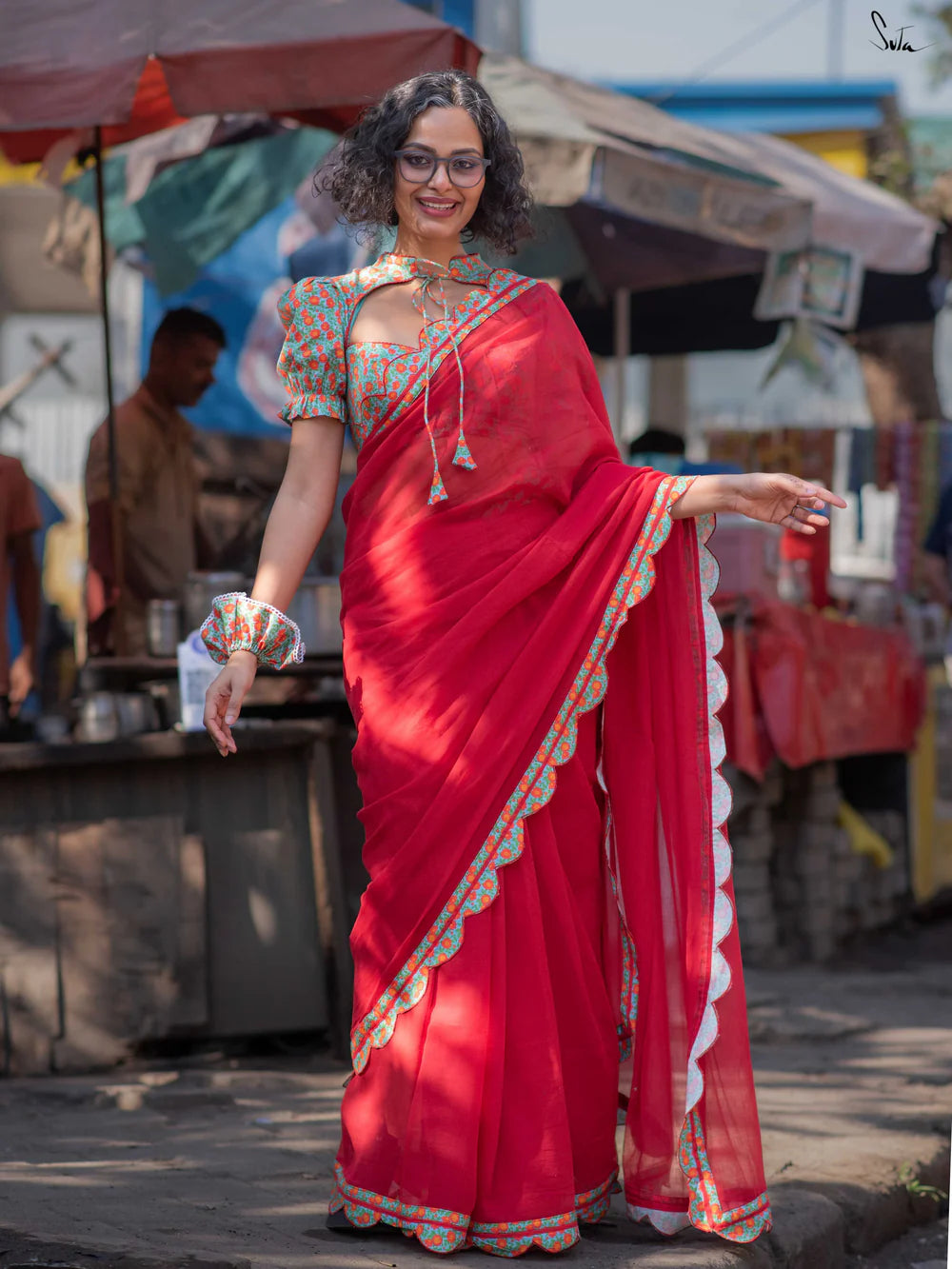 Pure Mul Mul Cotton Maroon Saree with Multicolour Floral Printed Scallop Border
