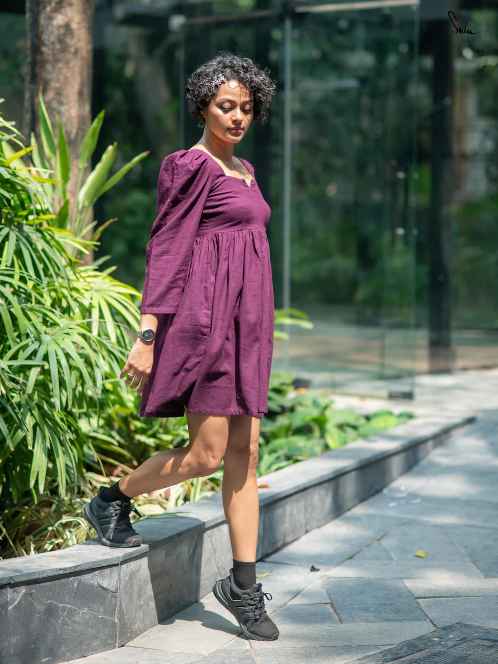 Wine Colour Slub Cotton Full Sleeve Short Dress with Pockets
