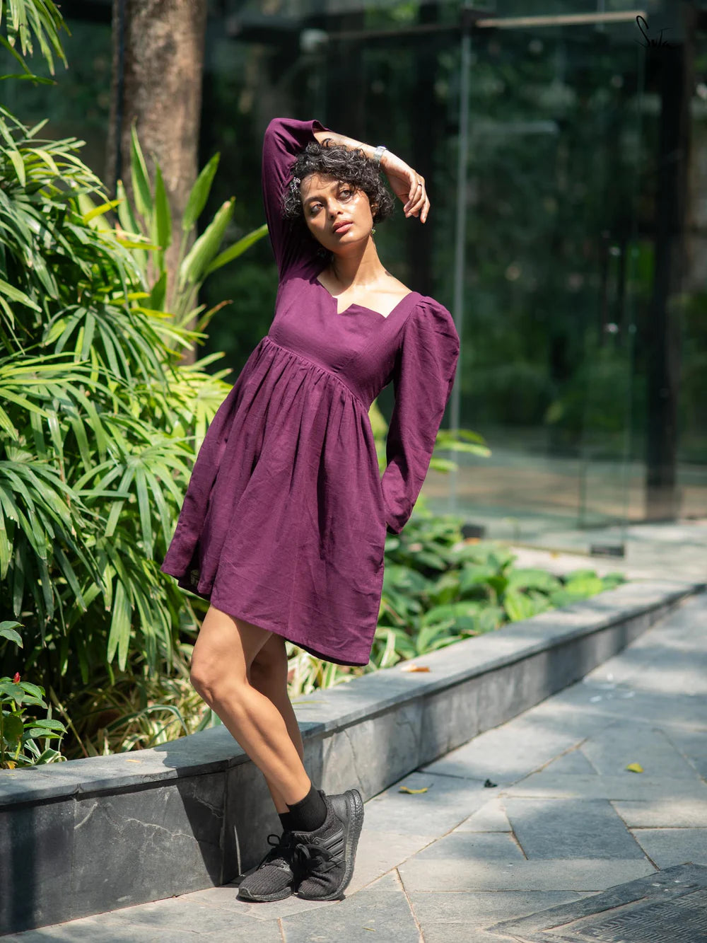 Wine Colour Slub Cotton Full Sleeve Short Dress with Pockets