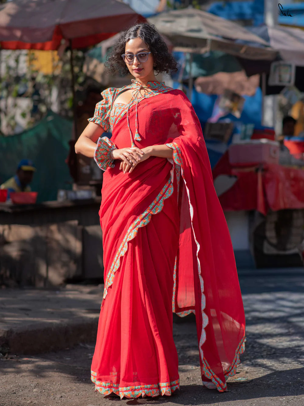 Pure Mul Mul Cotton Maroon Saree with Multicolour Floral Printed Scallop Border