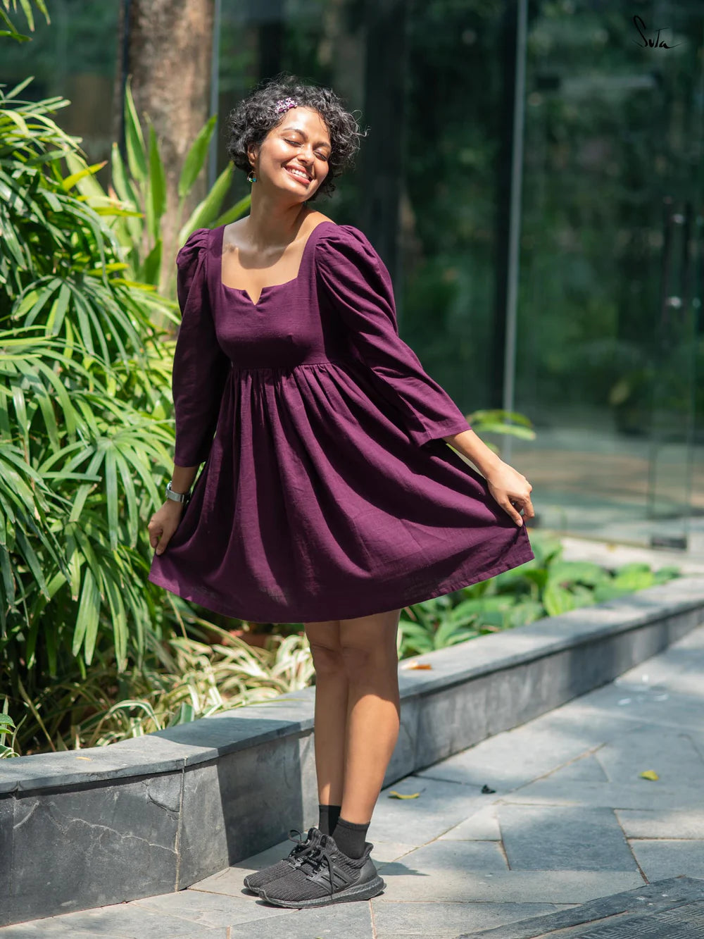 Wine Colour Slub Cotton Full Sleeve Short Dress with Pockets